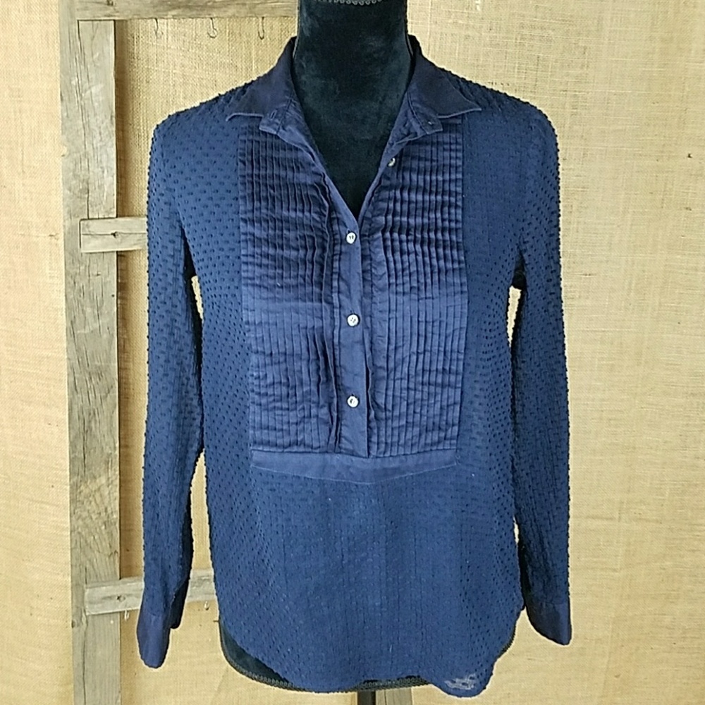 J. Crew women 00 pullover textured long sleeve blouse sheer blue minimalist